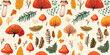 Autumn decorative seamless pattern with seasonal elements, acorns, plants, leaves, mushrooms