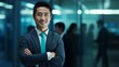 © THANANIT - Portrait Attractive Young Asian Businessman wearing suit arms crossed and smiling over blur office background, Happy professional Confident,leader of company, Business Financial concept, Generative AI