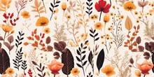 Autumn Floral Seamless Pattern, Elegant Wallpaper, Background With Different Flowers And Plants, Seasonal Design