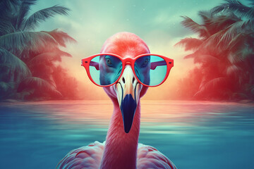 Wall Mural - party hipster pink sunglasses bird tropical feather summer flamingo animal. Generative AI.