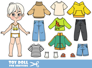 Poster - Cute cartoon blond boy - autumn season - shirts, jacket, sweater, boots and jeans. Doll for dressing