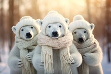 A group of adorable happy polar bears dressed in knitted scarves and hats, funny winter illustration, Generative AI