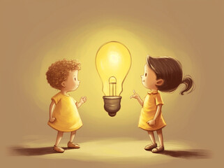 Illustrated Cartoon: Two Young Children Holding a Light Bulb, Representing the Concept of an Idea - AI generated