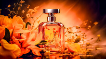 Flacon de parfum - Présentation publicitaire d'un parfum dans les tons de orange - Générative IA