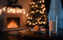 Cozy Christmas Room At Night With Glass Of Milk And Cookies Prepared For The Santa Claus