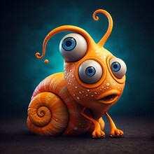 Cute Orange Snail With Big Eyes On Dark Background. 3d Rendering