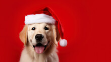 Cute Dog Labrador Wearing Santa Hat On Red Background