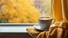 Yellow Cup With Fragrant Coffee By The Window On An Autumn Day