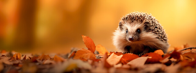 a cute hedgehog sits in autumn leaves against the backdrop of a beautiful autumn landscape. banner, 