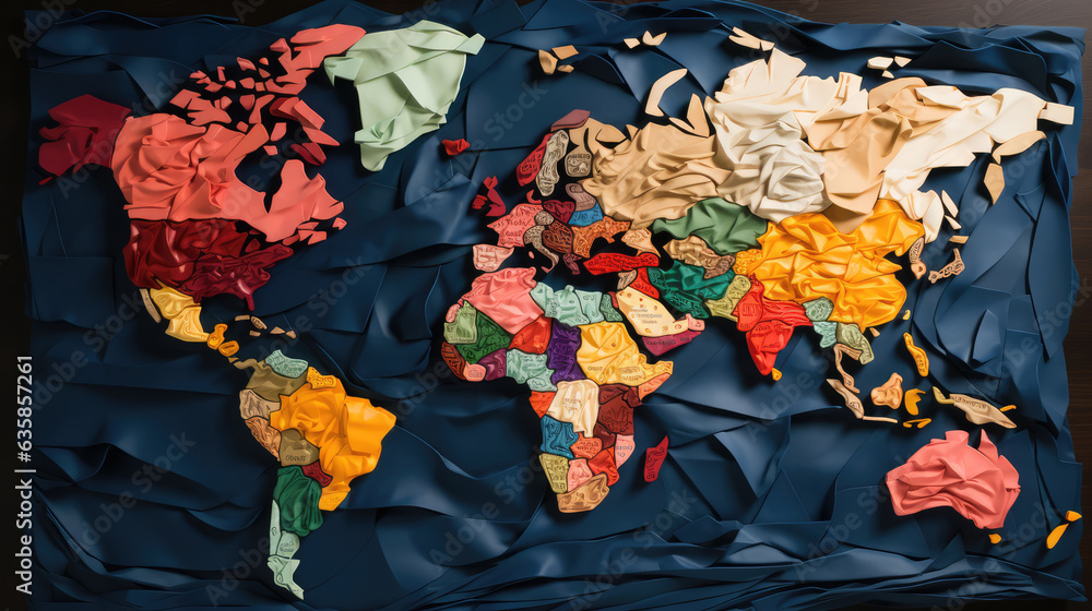 Colored crumpled paper as a world map on black background. created by ...