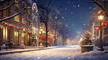 Enchanting Snow Draped Streets, A Christmas Wonderland In The City Center, Adorned With A Majestic Pine Tree