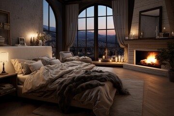 Poster - Stylish evening bedroom with fireplace