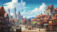 Fairy Tale Town.Europe Town Street. Fiction Backdrop. Concept Art. Realistic Illustration. Video Game Digital CG Artwork. Industry Scenery.Concept Art Scenery. Book Illustration. Generative AI
