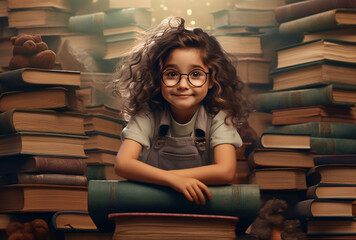 Illustration of a Cute Intelligent Girl with Glasses in a Mysterious Library - AI generated