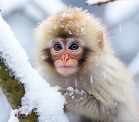 Poster - Cute monkey in a snowy forest. The monkey is sitting on a tree branch covered in snow