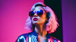 © ณรงค์วิทย์ สุขใจ - Female were sunglasses and jumpsuit at night time in future neon colors. generative AI