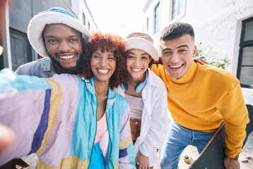 Canvas Print - Friends, selfie and city with happy, gen z and smile of university students for social media. Profile picture, portrait and diversity of young people on a urban street on vacation with trendy fashion