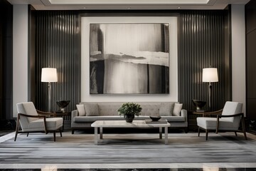 Poster - a hotel waiting area with a large picture frame, gray stone wall, furniture set in gray tones, white marble box table, and a gray striped carpet.