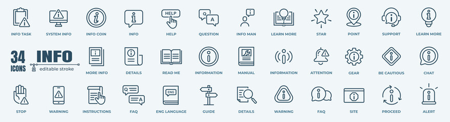 Vector set of information line icons. Contains icons instruction, privacy policy, info center, manual, rule, guide, reference, help and more.