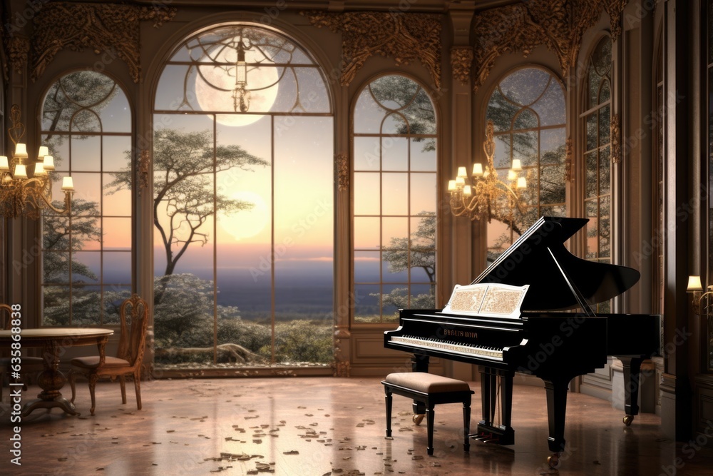 A grand piano in a room with a view of the ocean. Generative AI image ...