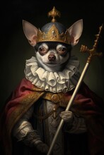 Ironic Chihuahua Dog Portrait, King, Queen, Prince, Dressed, Medieval, Renaissance. CHIHUAHUA ABSOLUTE KING. 3D Doggy Dressed Up As A Sovereign With Cloak, Scepter, Crown, And Royal Clothes.