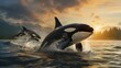 Mother orca whale and calf leaping into the air over a child raising his fist and standing on rocks in the ocean
