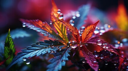 Poster - A close - up of a cannabis leaf, glistening with trichomes, with a backdrop of various herbs, fruits, and essential oils. Medium: Photography. Style: Ultra - realistic, with a focus on the intricate d