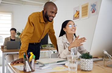 Poster - Coaching, consulting and computer with business people in office for creative, planning and training. Teamwork, collaboration and feedback with employees in digital agency for website and designer