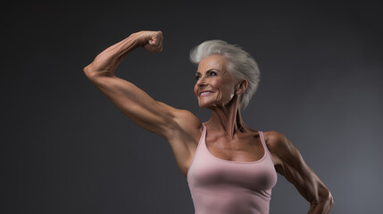 Older woman in great physical shape shows her biceps on gray background.