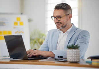 Canvas Print - Business man, smile and typing on laptop for network update, online insight and review digital report. Happy mature manager, entrepreneur and working on computer for research, planning admin and info