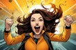 Energetic Fist Pump Illustrate her fist-pumping the air - colorfull graphic novel illustration in comic style