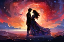 Galactic Love Story Place The Couple On A Spaceship - Colorfull Graphic Novel Illustration In Comic Style