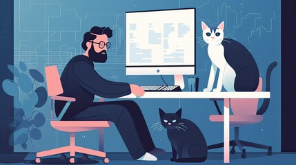 Casual freelancer man  from remote work or programming playing with cats sit on desk. MIllennial businessman relax from stress with fluffy pet in home office. generative ai 