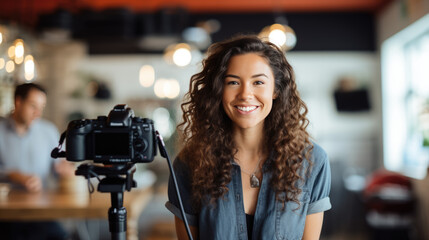 Wall Mural - Female blogger recording a video.