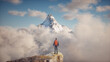 Conceptual image of a man hiker with backpack in front of a mountain among the clouds. This is a 3d render illustration