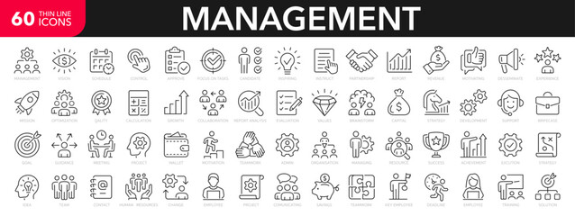 management icons set. business and management 60 outline icons collection. mission, teamwork, values