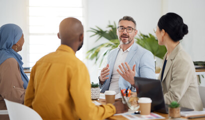 Wall Mural - Mentor, planning and teamwork with business people in meeting for brainstorming, project management and partnership. Teamwork, collaboration and solution with employees in office for client proposal