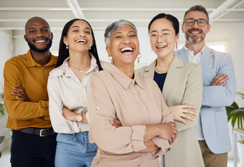 Poster - Business people, laughing and arms crossed portrait in a office with diversity and senior woman ceo. Company, management team and funny joke of professional leadership and creative agency group