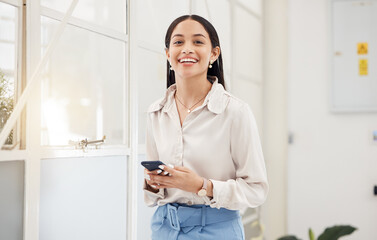 Poster - Happy woman, portrait and typing on smartphone in office for social media, networking and mobile contact in Colombia. Business worker scroll on cellphone tech, digital information and smile at window