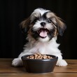 A happy shih tzu puppy eagerly eating its kibble from a bowl