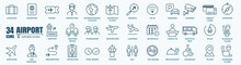 Airport Icon Vector Line Set. Contains Linear Outline Icons Like Plane, Ticket, Baggage, Seat, Wifi, Bag, Departure, Terminal, Passport, Transport, Luggage, And Airplane. Editable Stroke