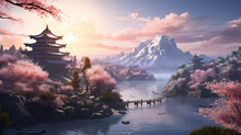 Beautiful Japanese Lake Scenery In The Mountains At Sunset. Generative Ai. 