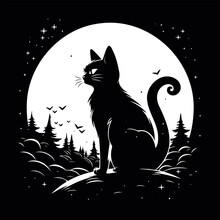 Cat In The Forest At Night With Full Moon. Vector Illustration.