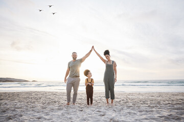 Sticker - Family, high five and beach for travel, celebration and freedom, bond or fun in nature together. Love, hands together and girl child with parents at sea playing, relax and happy on holiday in Bali