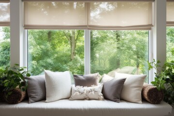 Wall Mural - Automatic beige roller blinds on big glass windows with remote control, accompanied by pillows above the windowsill. Summer scenery includes green trees outside.