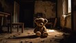 © YarikL - Teddy bear toy sitting alone on the floor in a room of an old abandoned house. Dramatic scary background, copy space for text, darkness horror concept. generate ai