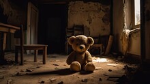 Teddy Bear Toy Sitting Alone On The Floor In A Room Of An Old Abandoned House. Dramatic Scary Background, Copy Space For Text, Darkness Horror Concept. Generate Ai