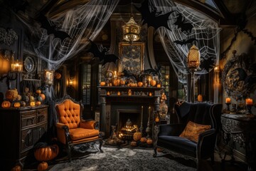 Halloween themed pumpkins, webs, and spiders adorn the houses dimly lit interior.