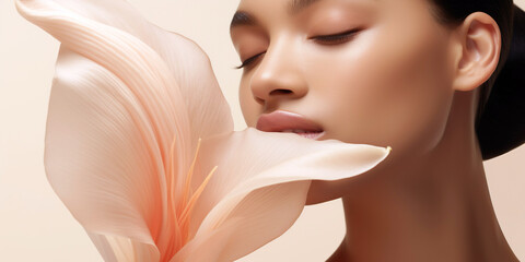a glamorous beauty banner portrait of an exotic serene woman with a large pink lily.