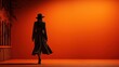  a woman in a long dress and hat walking away from a red wall.  generative ai